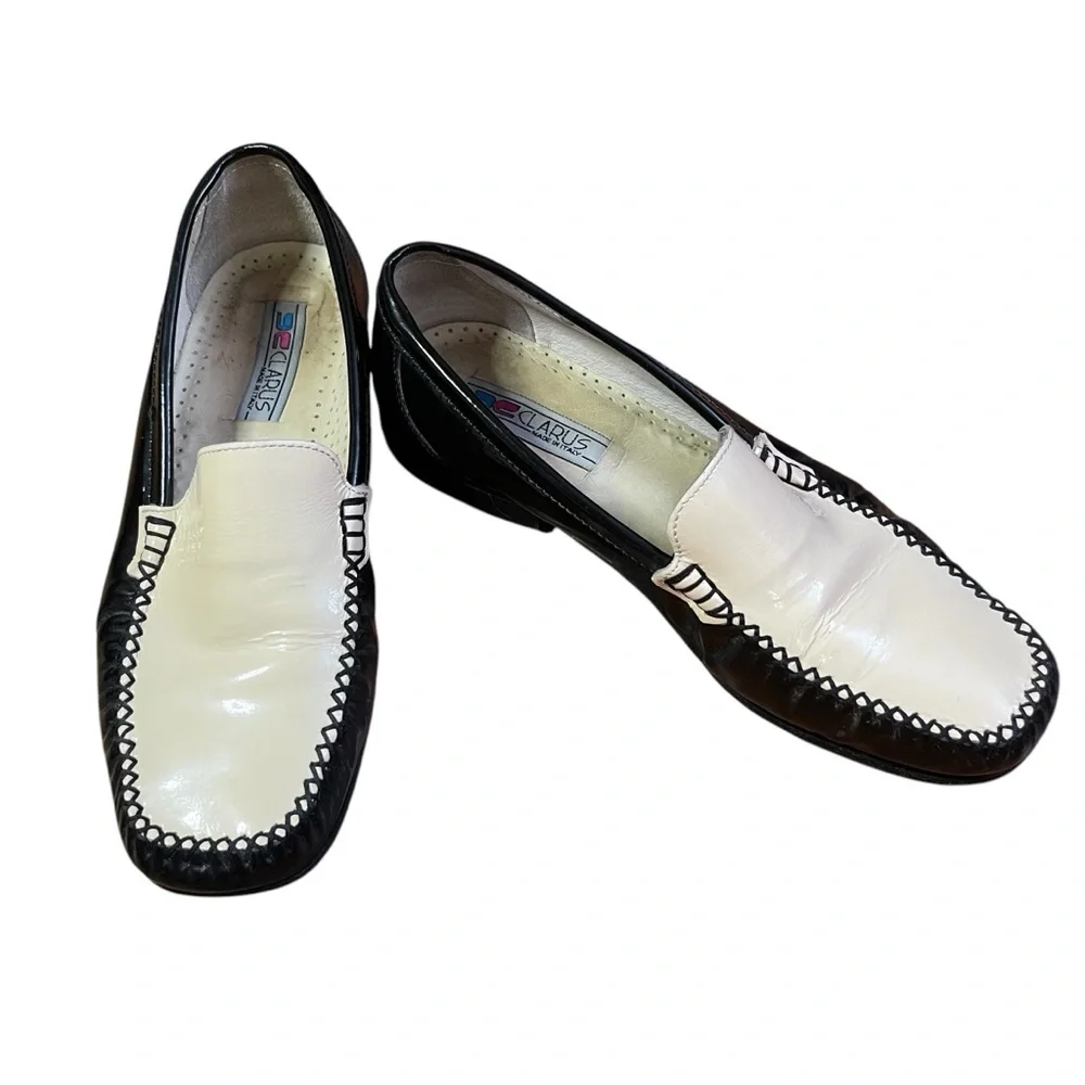 Clarus Black & Cream Patent‎ Leather Loafers Moccasin Slip-On Flats Women’s 6.5